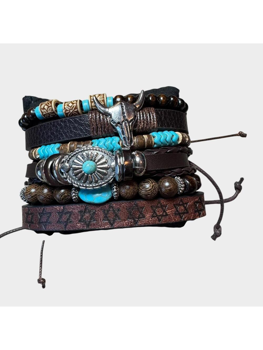 Western Bull Skull Turquoise Beading Bracelet Set - 6 pieces